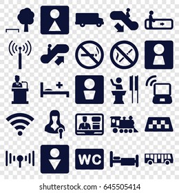 Public icons set. set of 25 public filled icons such as signal tower, taxi, airport bus, escalator, escalator up, escalator down, no smoking, man wc, woman wc, bed, locomotive
