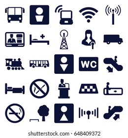 Public icons set. set of 25 public filled icons such as signal tower, taxi, airport bus, escalator, escalator up, escalator down, no smoking, man wc, wc, bed, locomotive