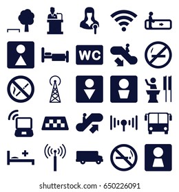 Public icons set. set of 25 public filled icons such as signal tower, taxi, airport bus, escalator, escalator up, escalator down, no smoking, man wc, woman wc, bed