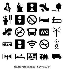 Public icons set. set of 25 public filled icons such as signal tower, airport bus, escalator, escalator up, escalator down, no smoking, man wc, wc, bed, locomotive