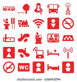 Public icons set. set of 25 public filled icons such as signal tower, taxi, airport bus, escalator, escalator up, escalator down, no smoking, man wc, woman wc, bed, locomotive