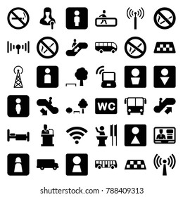 Public icons. set of 36 editable filled public icons such as signal tower, taxi, airport bus, escalator up, escalator down, no smoking, man wc, woman wc, bus, tree and bench