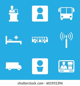 public icons set. Set of 9 public filled icons such as signal tower, airport bus, man WC, woman WC, TV speaker, medical bed, speaker