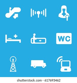 Public icons set. set of 9 public filled icons such as signal tower, escalator, escalator up, WC, woman speaker, medical bed, signal, laptop signal