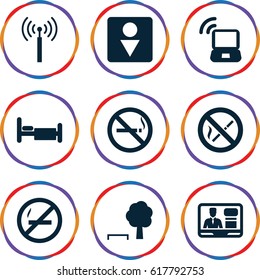 Public icons set. set of 9 public filled icons such as signal tower, no smoking, Male WC, bed, TV speaker, laptop signal