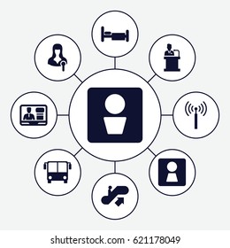 Public icons set. set of 9 public filled icons such as signal tower, airport bus, escalator up, man WC, woman WC, bed, woman speaker, TV speaker