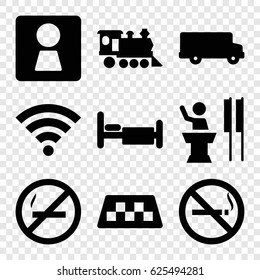 Public icons set. set of 9 public filled icons such as taxi, no smoking, woman WC, bed, locomotive, wi-fi, speaker
