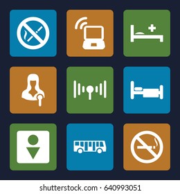 Public icons set. set of 9 public filled icons such as airport bus, no smoking, male wc, bed, woman speaker, medical bed, signal