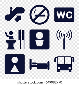 Public icons set. set of 9 public filled icons such as signal tower, airport bus, escalator up, man wc, wc, female wc, bed, speaker