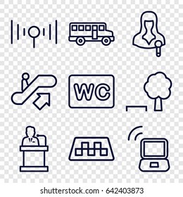 Public icons set. set of 9 public outline icons such as taxi, escalator up, wc, woman speaker, speaker, signal, laptop signal, bus