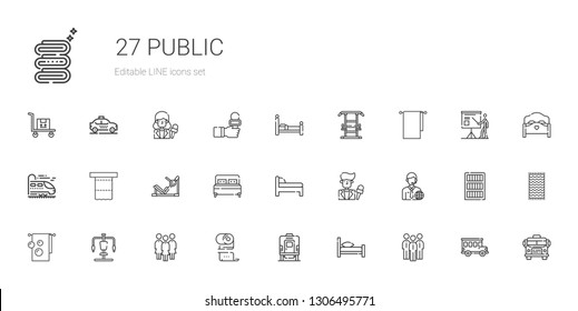 public icons set. Collection of public with group, bed, train, toilet paper, gym station, towel, news reporter, towels, school bus, bus, bookcase. Editable and scalable public icons.