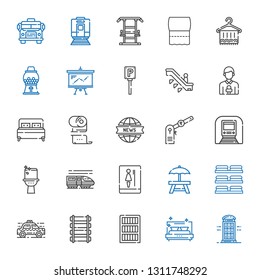 public icons set. Collection of public with phone booth, bed, bookcase, rail, taxi, towels, rest area, toilet, train, underground, parking. Editable and scalable public icons.