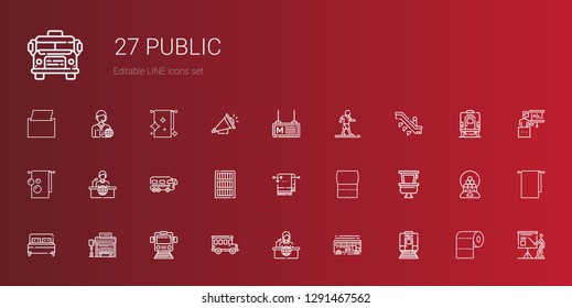 public icons set. Collection of public with train, bus, news report, bus stop, bed, toilet, toilet paper, towel, bookcase, escalator, walking. Editable and scalable public icons.
