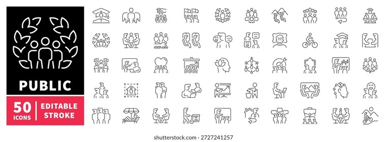 Öffentliche Symbole eingestellt. editierbare Liniensymbole. Umriss-, Schlaganfall-, Gemeinschaft- und Gesellschaftssymbole