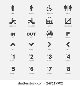 Public icons set. elevator lift toilet pictogram