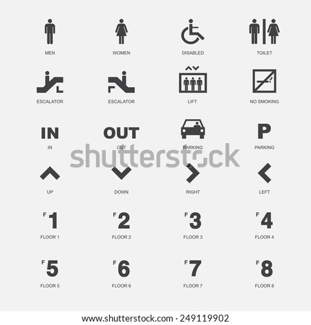 Public icons set. elevator lift toilet pictogram
