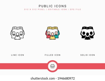 Los iconos públicos establecen la ilustración vectorial con el estilo de línea de icono sólido. Concepto de elección popular del gobierno. Icono de trazo editable en fondo aislado para diseño web, interfaz de usuario y aplicación móvil