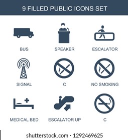 public icons. Trendy 9 public icons. Contain icons such as bus, speaker, escalator, signal, c, no smoking, medical bed, escalator up. public icon for web and mobile.