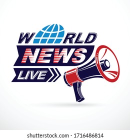 Afiche vectorial de la campaña de información pública, redacción de noticias en vivo mundial compuesto por equipos megáfonos.
