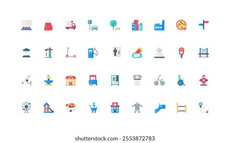 Public infrastructure of city, buildings and transport, service for person with disability color icon set. Museum and cinema, gas station, scooter and car parking flat elements vector illustration