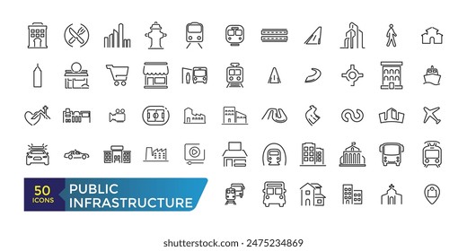 Conjunto de iconos de infraestructura pública. Colección y paquete de iconos de Web lineal y ui. Trazo editable. Ilustración vectorial