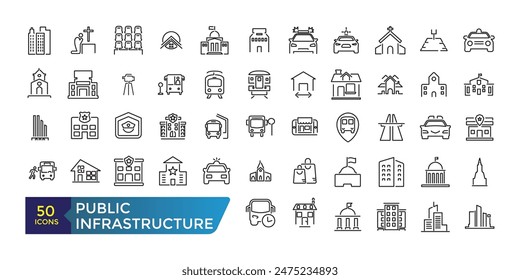 Public infrastructure icon set. Collection and pack of linear web and ui icons. Editable stroke. Vector illustration