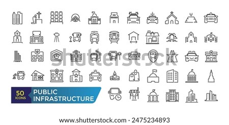 Public infrastructure icon set. Collection and pack of linear web and ui icons. Editable stroke. Vector illustration