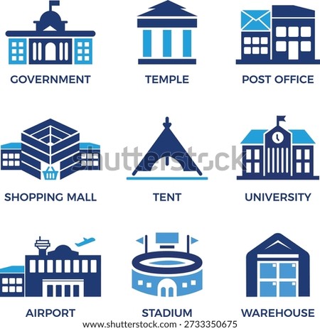 Public Infrastructure Icon Set Featuring Government, Education, and Transport Building City Landmarks, Stadium, Airport, and Shopping Mall