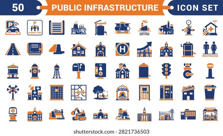 Public Infrastructure Icon Set - Urban Facilities, Transportation, Utilities and Civic Services Vector Collection
