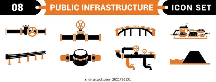 Public Infrastructure Pipeline and Water Supply Vector Icon Set with Valves, Bridge and Dam