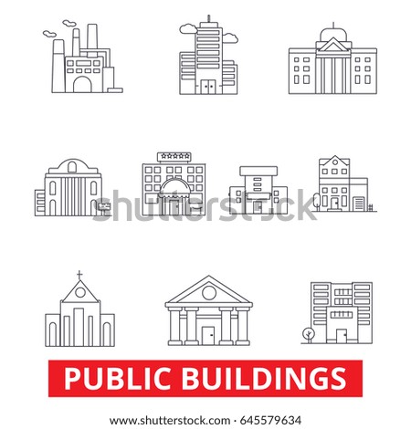 Public institutional buildings, commercial houses, government city estate, town line icons. Editable strokes. Flat design vector illustration symbol concept. Linear signs isolated on white background