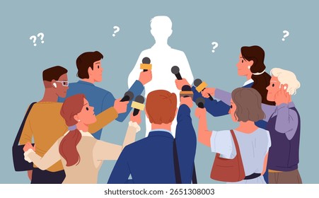Entrevista pública de político ou líder, silhueta de pessoa famosa de pé na frente da multidão de jornalistas. Grupo de paparazzi e repórteres de mídia de massa segurando microfones ilustração de vetor de desenhos animados