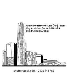 Public Investment Fund PIF Tower - King Abdullah Financial District, KAFD. Skycraper Tower in Riyadh Saudi Arabia Skyline City. Line art style