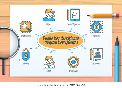 Public key certificate, digital certificate chart with icons and keywords. Technology, document, cryptography, subject, verification, issuer, security, digital signature icons. Web vector infographic