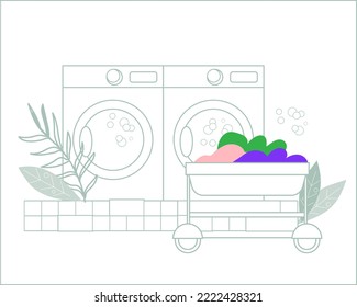 Public laundry banner or emblem design flat cartoon vector illustration isolated on white background. Banner or poster for commercial public laundry and laundromat service.