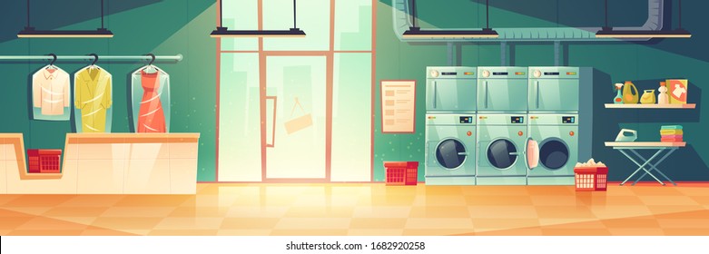 Public Laundry Or Dry Cleaning With Laundromat Washing Machines, Dryers, Counter Desk With Hanger For Clean Clothing Wrapped Into Cellophane. Empty Room With Glass Door, Cartoon Vector Illustration