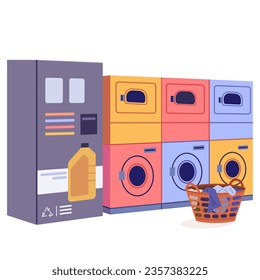 Public laundry room interior design. Empty premice of laundromat with automatic washers for cleaning, drying clothes, detergent powder box. Cleaning services. Public industrial self-service laundromat