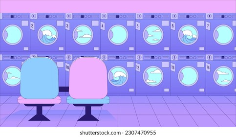 Public laundry room lo fi chill wallpaper. Laundromat business. Washing machines with chairs 2D vector cartoon interior illustration, vaporwave background. 80s retro album art, synthwave aesthetics