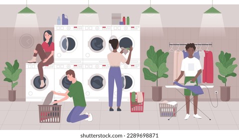 Ilustración vectorial de lavandería pública. Personas de caricatura que utilizan lavandería automática con lavadoras y secadoras automáticas, lavado de caracteres, ropa de hierro en interiores modernos de lavabos industriales