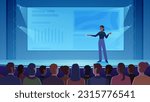 Public lecture, business training for audience vector illustration. Cartoon woman presenting business product on screen, confident female speaker standing on stage in spotlights to explain information