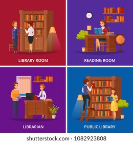 Public library 4 flat orthogonal icons square with librarian assisting visitor and reading room isolated vector illustration 