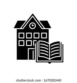 Public library black glyph icon. Educational establishment. University, college education. Book storage. Campus building. Reading room. Silhouette symbol on white space. Vector isolated illustration