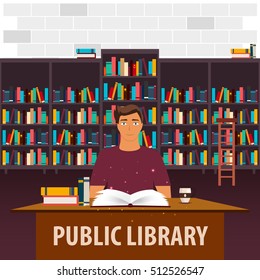 Public Library. Bookcase. Books and Knowledge Vector illustration.