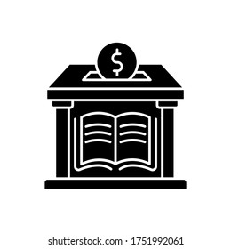 Public library donation black glyph icon. Donate money to support free education. Help public school. Financial aid for archive. Silhouette symbol on white space. Vector isolated illustration