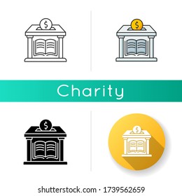 Icono de donación de la biblioteca pública. Dona dinero para apoyar la educación gratuita. Caridad para la universidad. Ayuden a la escuela pública. Estilos de color negras y RGB lineales. Ilustraciones vectoriales aisladas