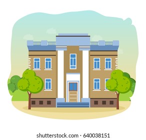 Public library exterior view. Structure with books and contemporary, periodicals archive for learning and study. Modern vector illustration isolated on white background.
