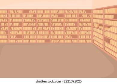 Public library flat color vector illustration. Collection of books. School books accessible for use. University materials. Fully editable 2D simple cartoon interior with bookshelves on background