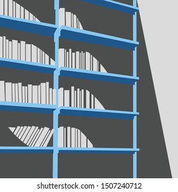 Public library flat illustration and vintage vector art. Books on wooden bookshelf.