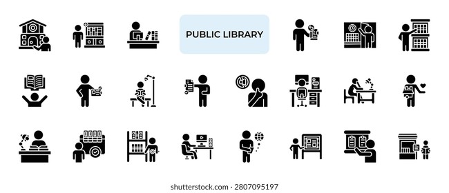 Public Library Icon set Collection in Solid Glyph Style. book, read, study, learning, literature, document
