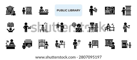 Public Library Icon set Collection in Solid Glyph Style. book, read, study, learning, literature, document